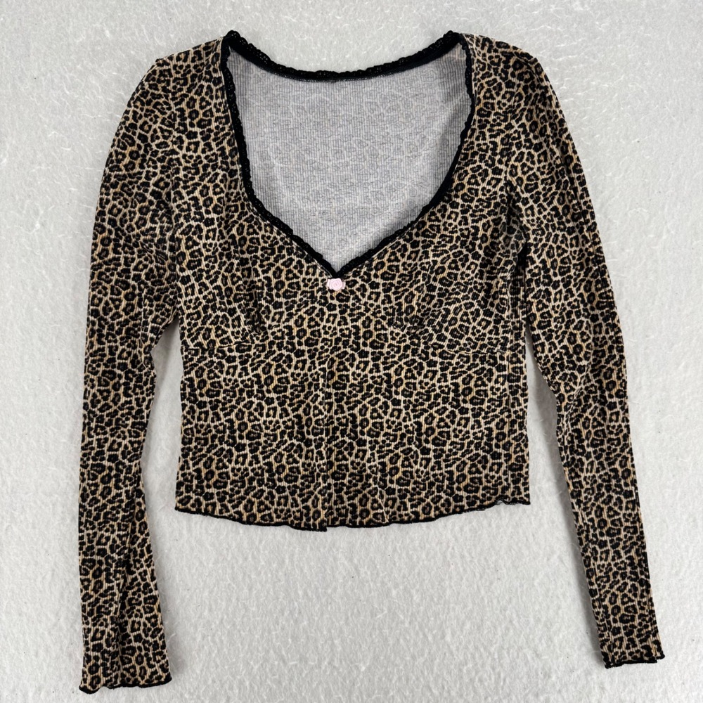 Edikted - Leopard Print Lace Trim Rosette V-Neck Top - Brown - S - Womens